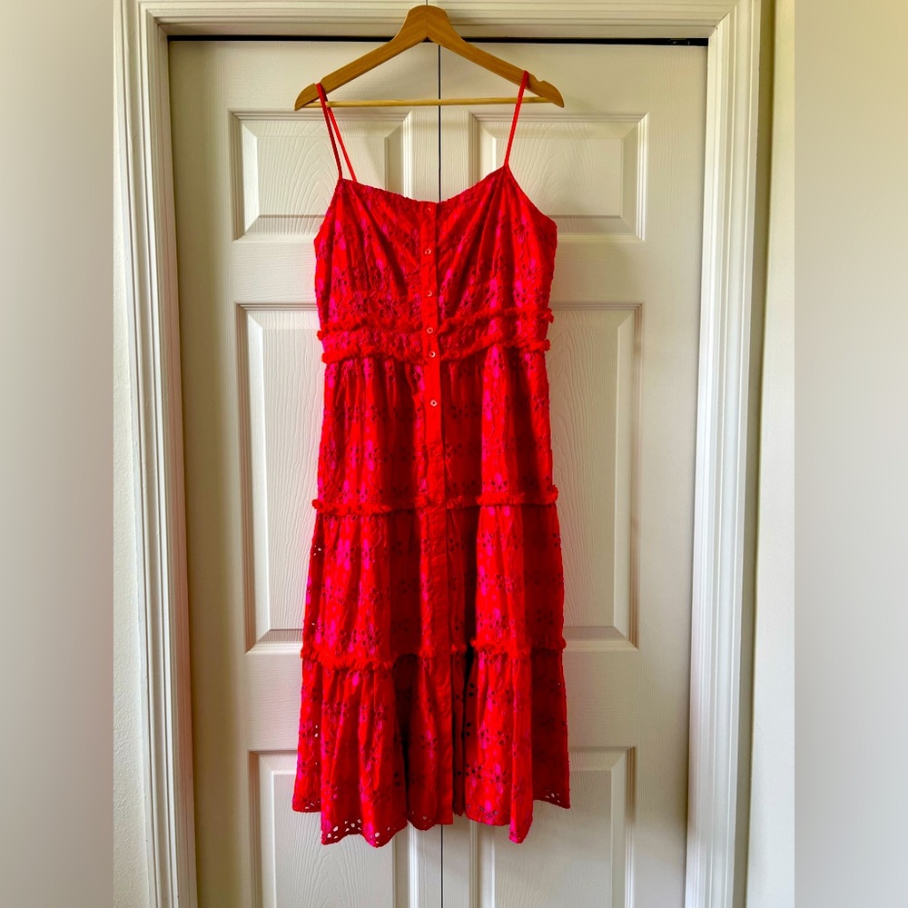🆕️ J Crew Orange Red Tiered Midi Dress Eyelet